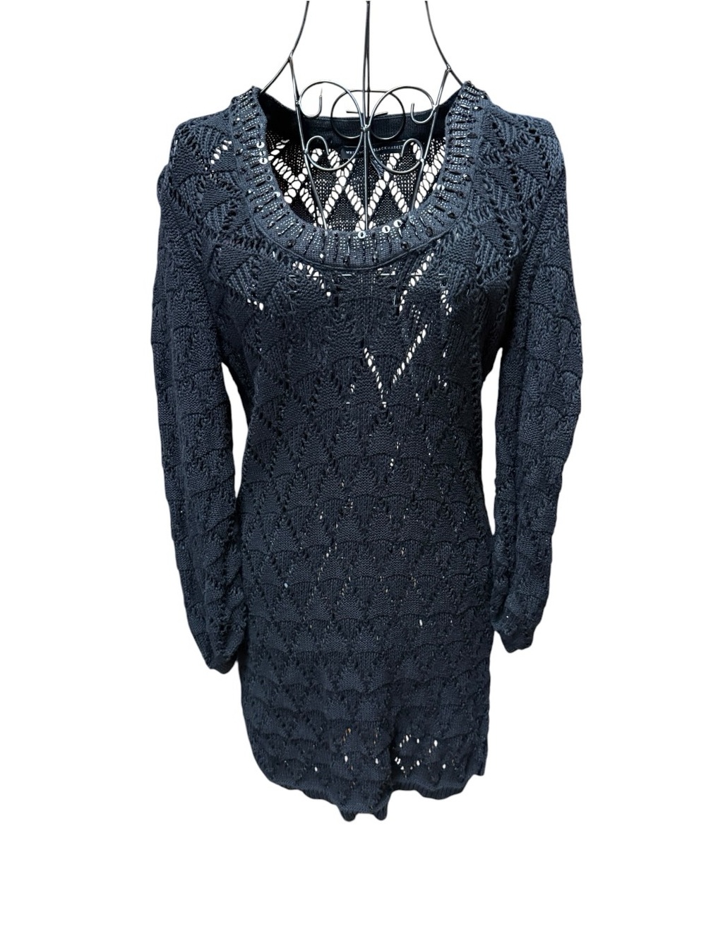 WHBM Open-Knit Black Sequin Beaded Neckline Sweater Dress Cover up